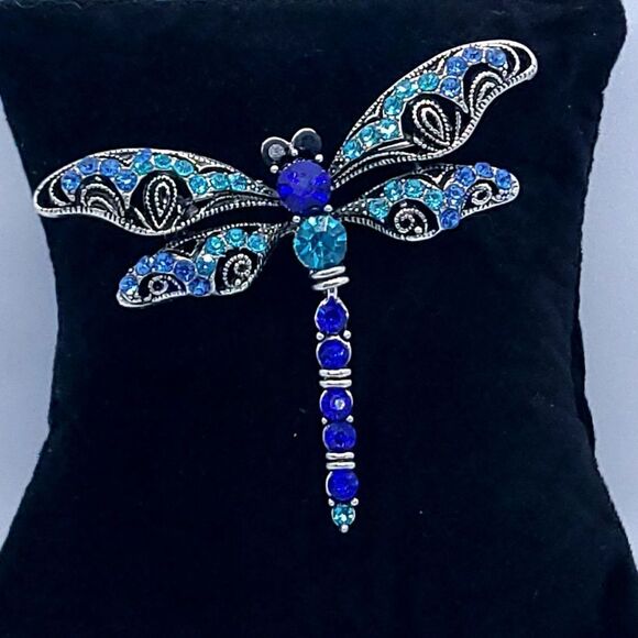 Blue Dragonfly Rhinestone Brooch Large Sparkly Silver Lapel Pin Backpack Fairy - Picture 4 of 7